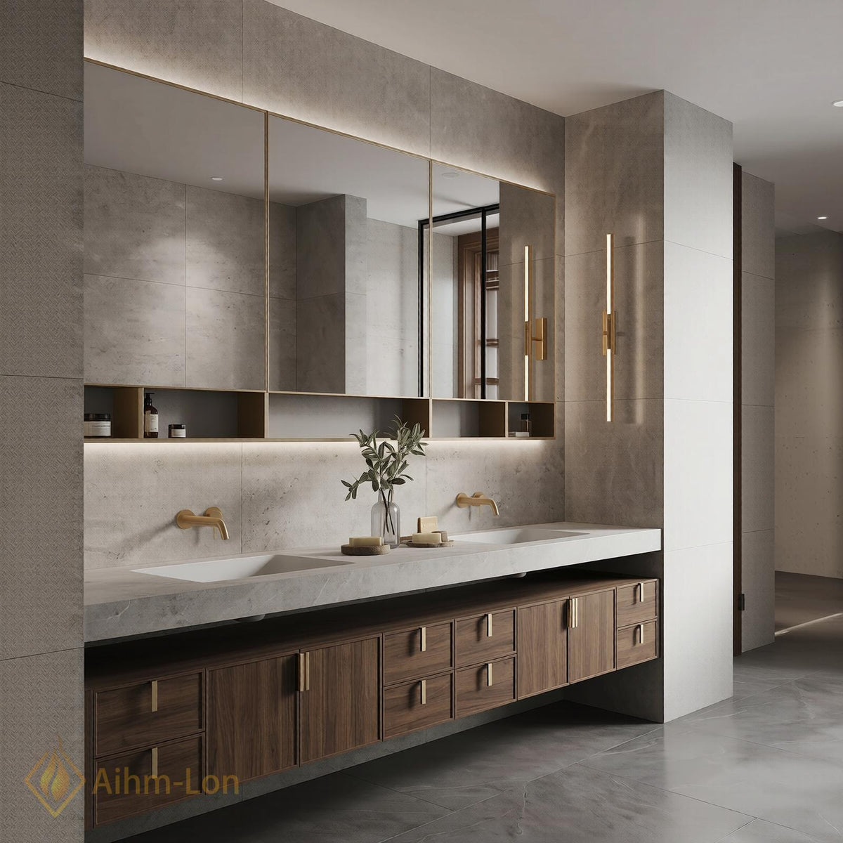 80''-96'' Double Bathroom Vanity with Sink Floating Double Walnut Finish Modern