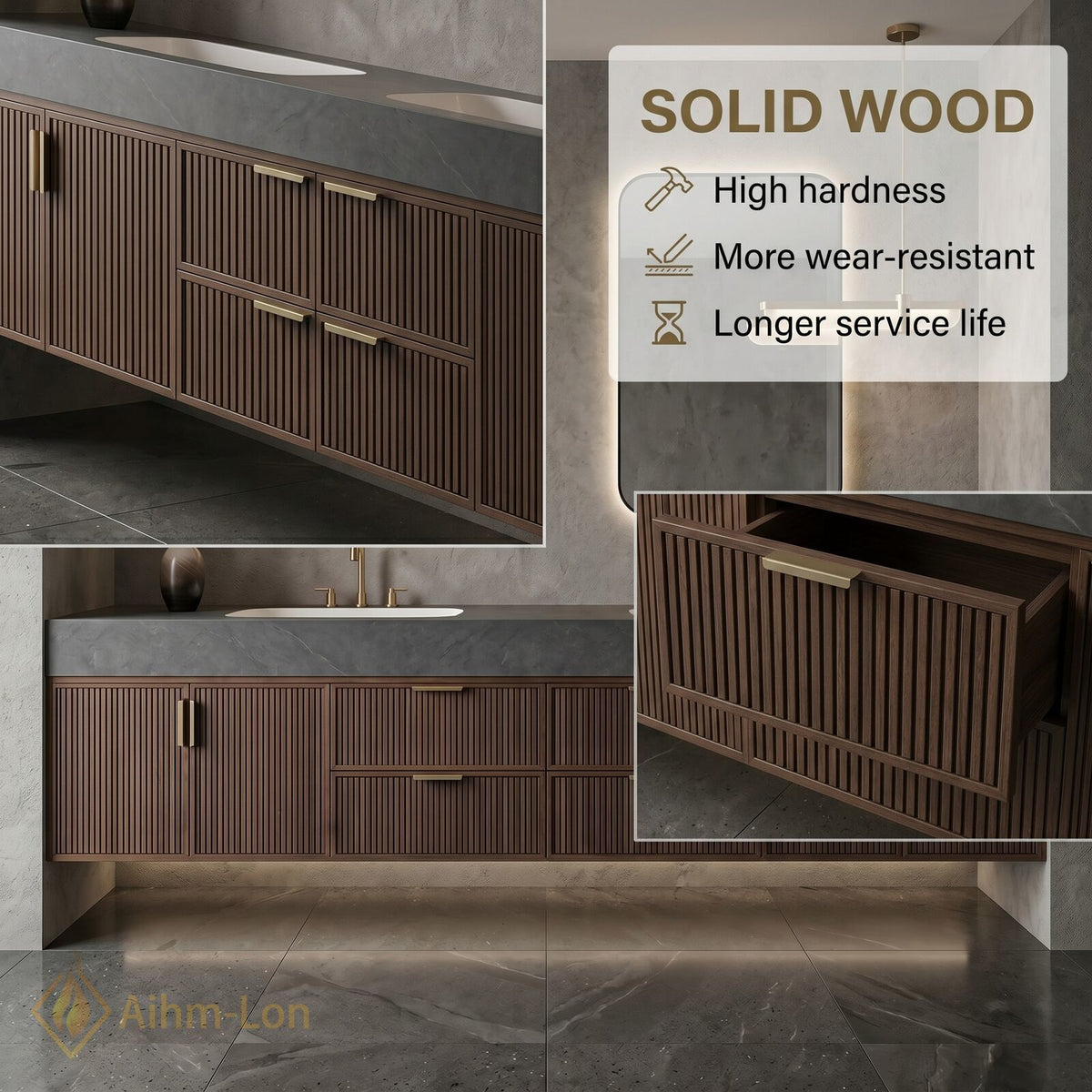 60''-96'' Double Bathroom Vanity with Sink Slatted Side Panels Deep Brown Tone