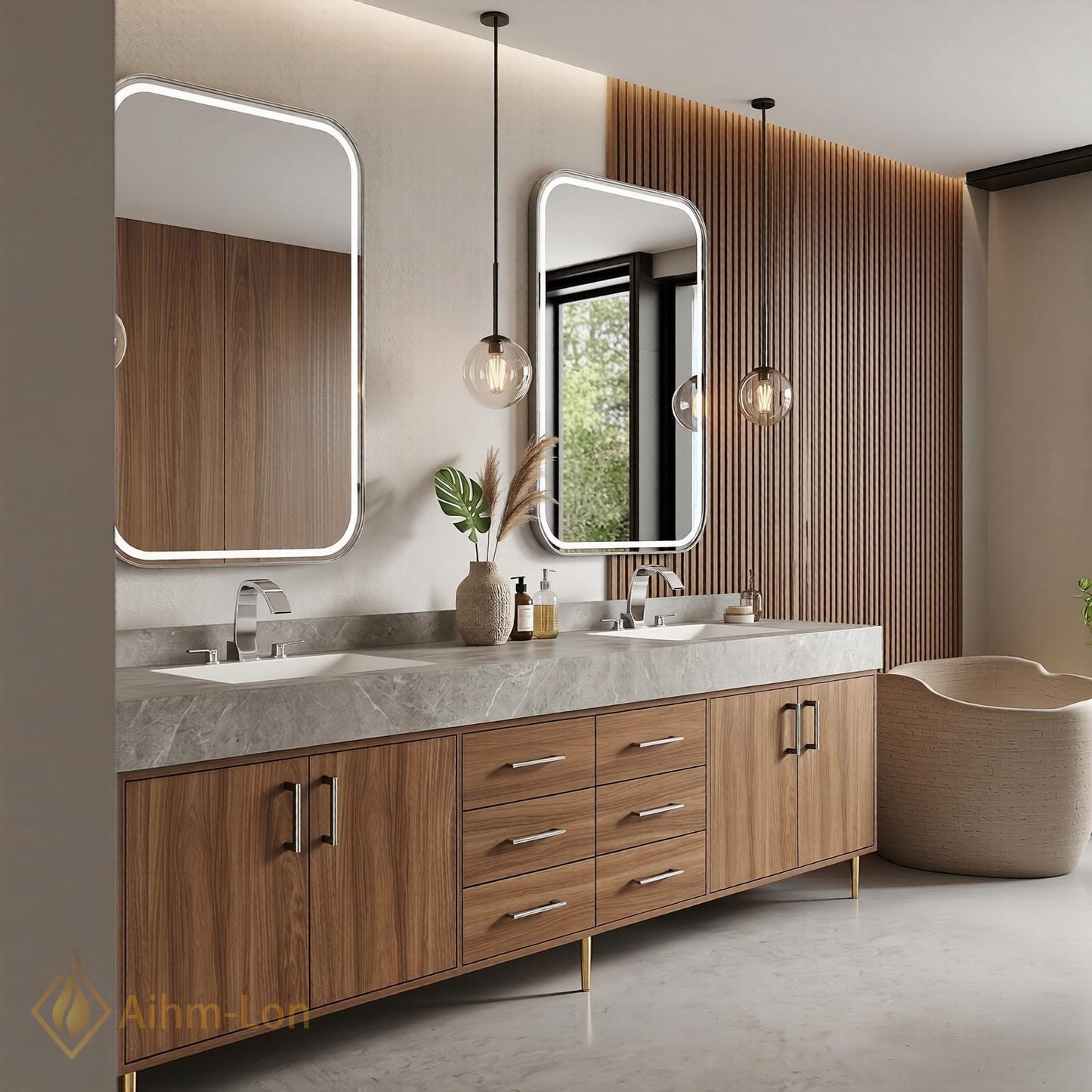 70''-96'' Double Bathroom Vanity with Sink Warm-Wood Floating Grain Drawer Modern