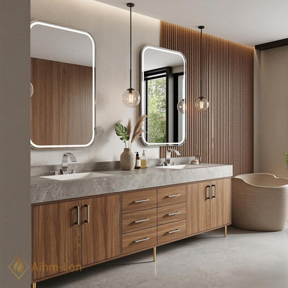70''-96'' Double Bathroom Vanity with Sink Warm-Wood Floating Grain Drawer Modern