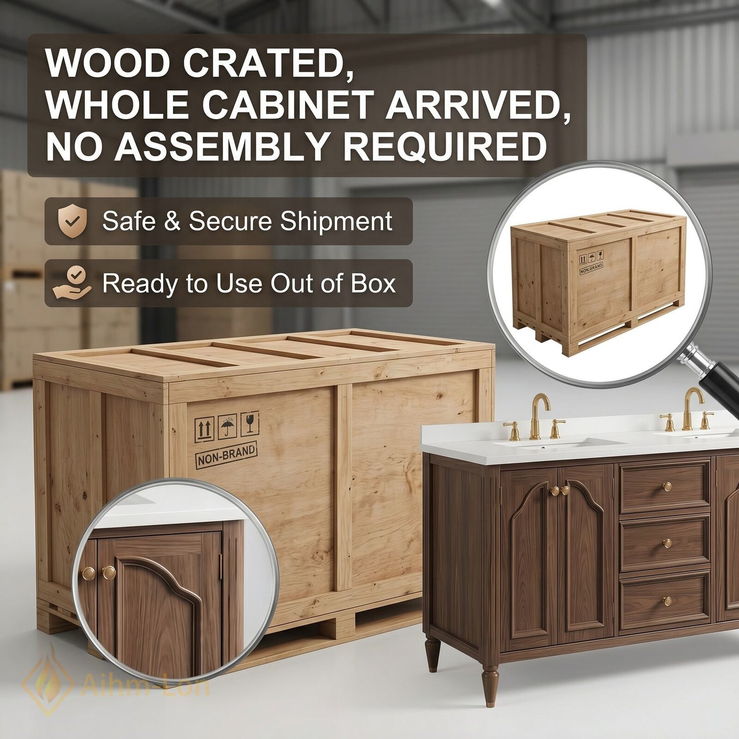 70''-96'' Double Bathroom Vanity with Sink Arched Panel Doors Solid Wood Central Drawer