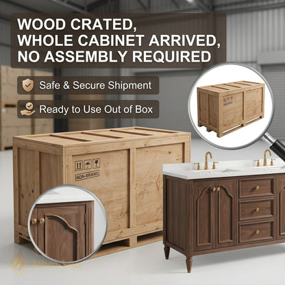 70''-96'' Double Bathroom Vanity with Sink Arched Panel Doors Solid Wood Central Drawer