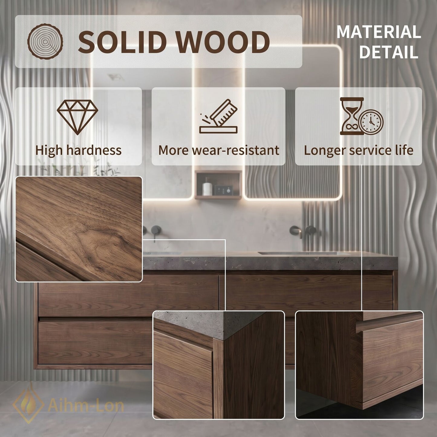 60''-96'' Floating Bathroom Vanity with Sink Dual Wall Mounted Textured Grey Stone Top Cabinet