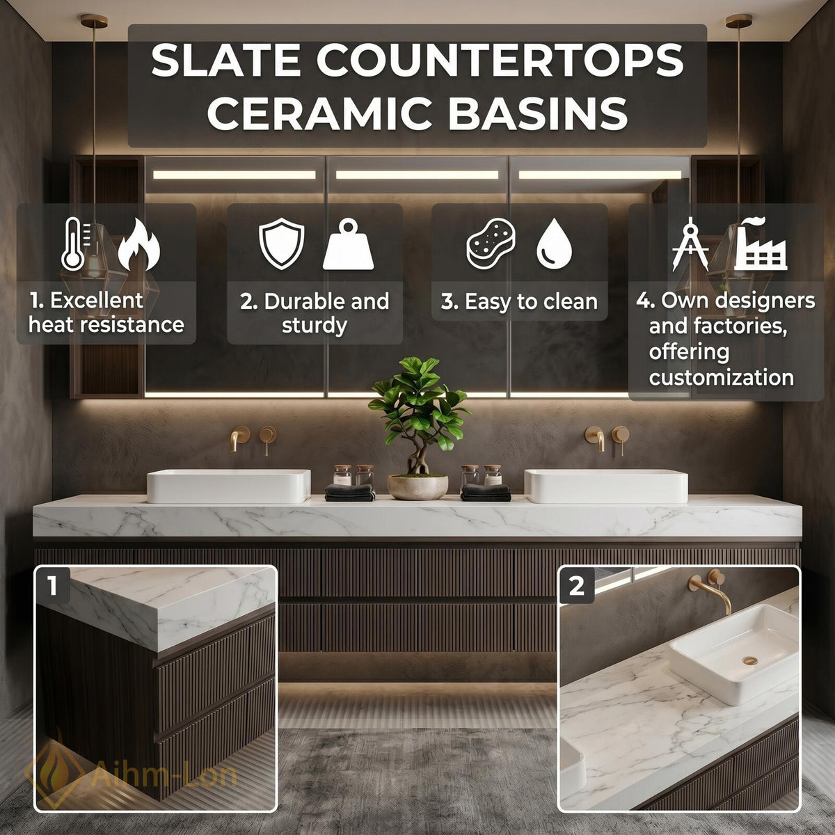 60''-96'' Double Bathroom Vanity with Sink Floating Dark Walnut Slatted Center Panel