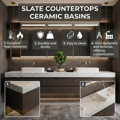 60''-96'' Double Bathroom Vanity with Sink Floating Dark Walnut Slatted Center Panel