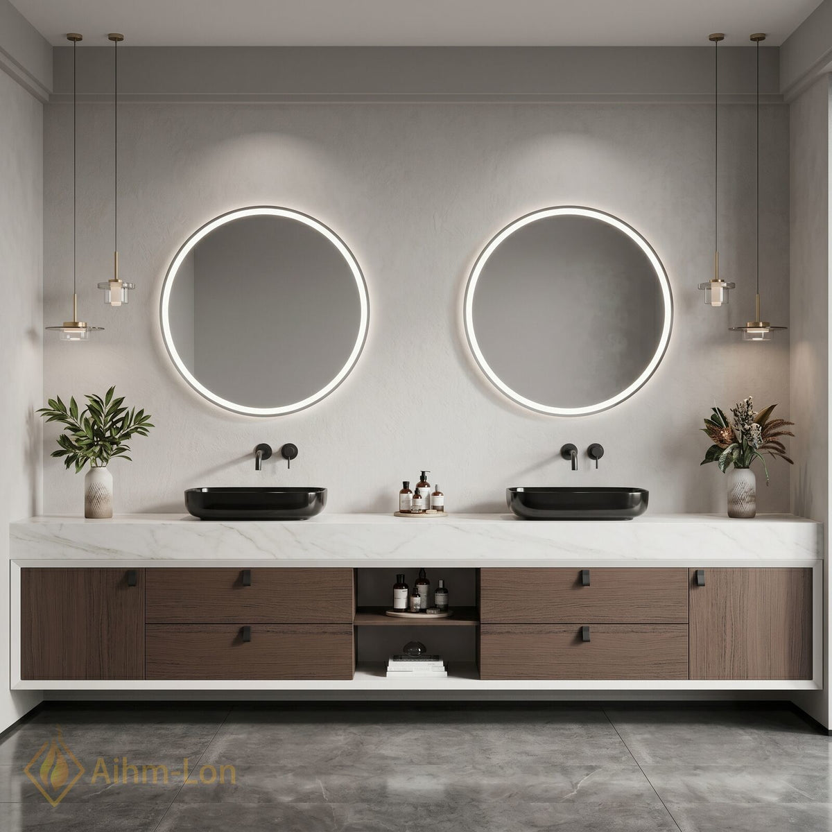 60''-96'' Double Bathroom Vanity with Sink White Marble Top Open Shelving Center