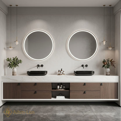 60''-96'' Double Bathroom Vanity with Sink White Marble Top Open Shelving Center