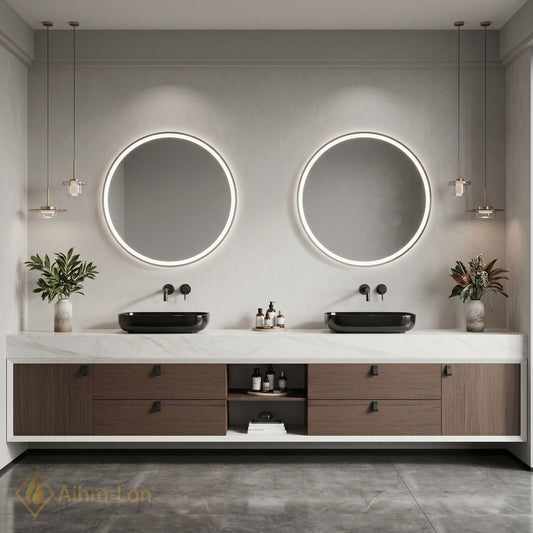 60''-96'' Double Bathroom Vanity with Sink White Marble Top Open Shelving Center