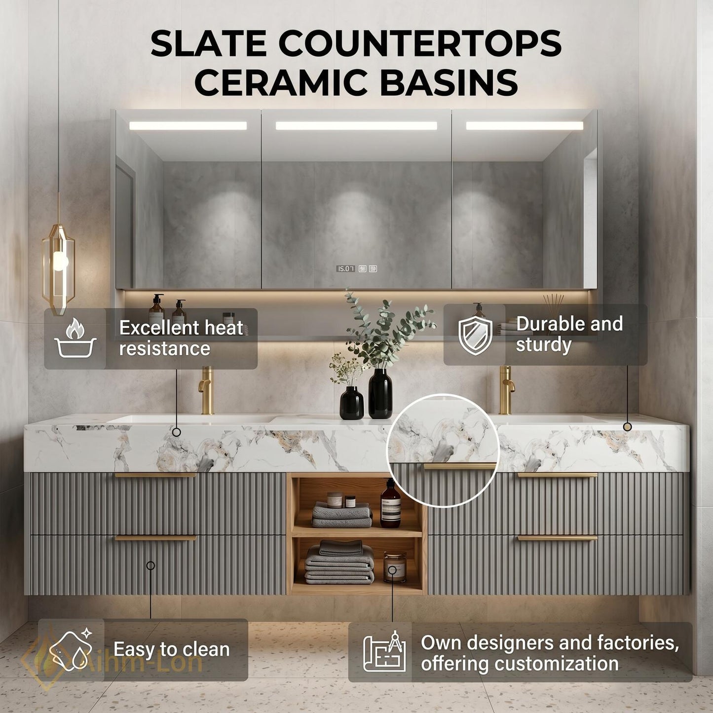 60''-96'' Double Bathroom Vanity with Sink Modern Floating Basin Fluted Drawers Open