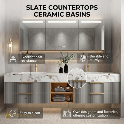 60''-96'' Double Bathroom Vanity with Sink Modern Floating Basin Fluted Drawers Open