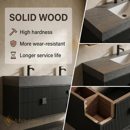 60''-96'' Bathroom Vanity with Sink Modern Floating Slatted Front Panels Mirror Shelf