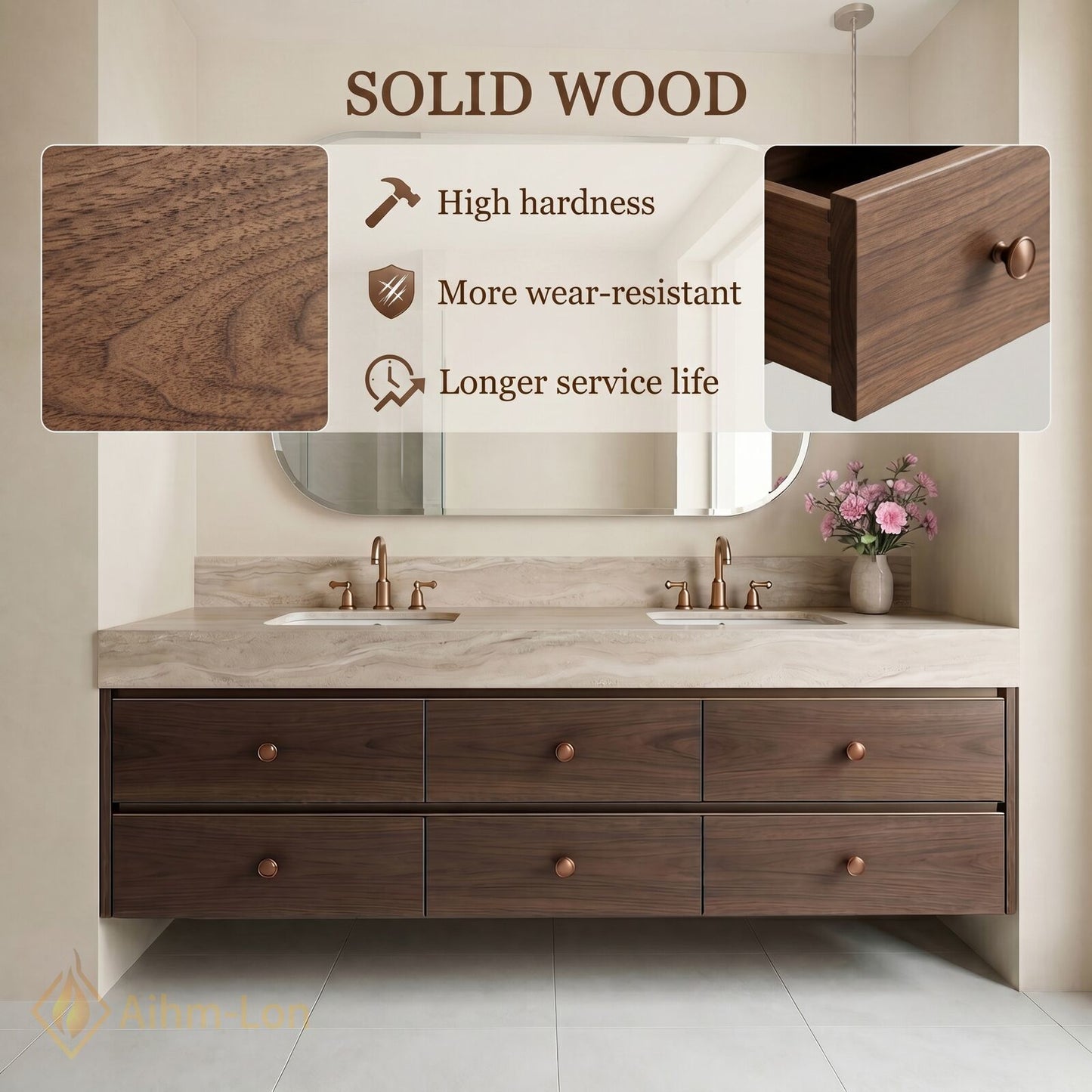 60''-96'' Modern Bathroom Vanity with Sink Floating Dark Walnut Clean Edge Six Drawers