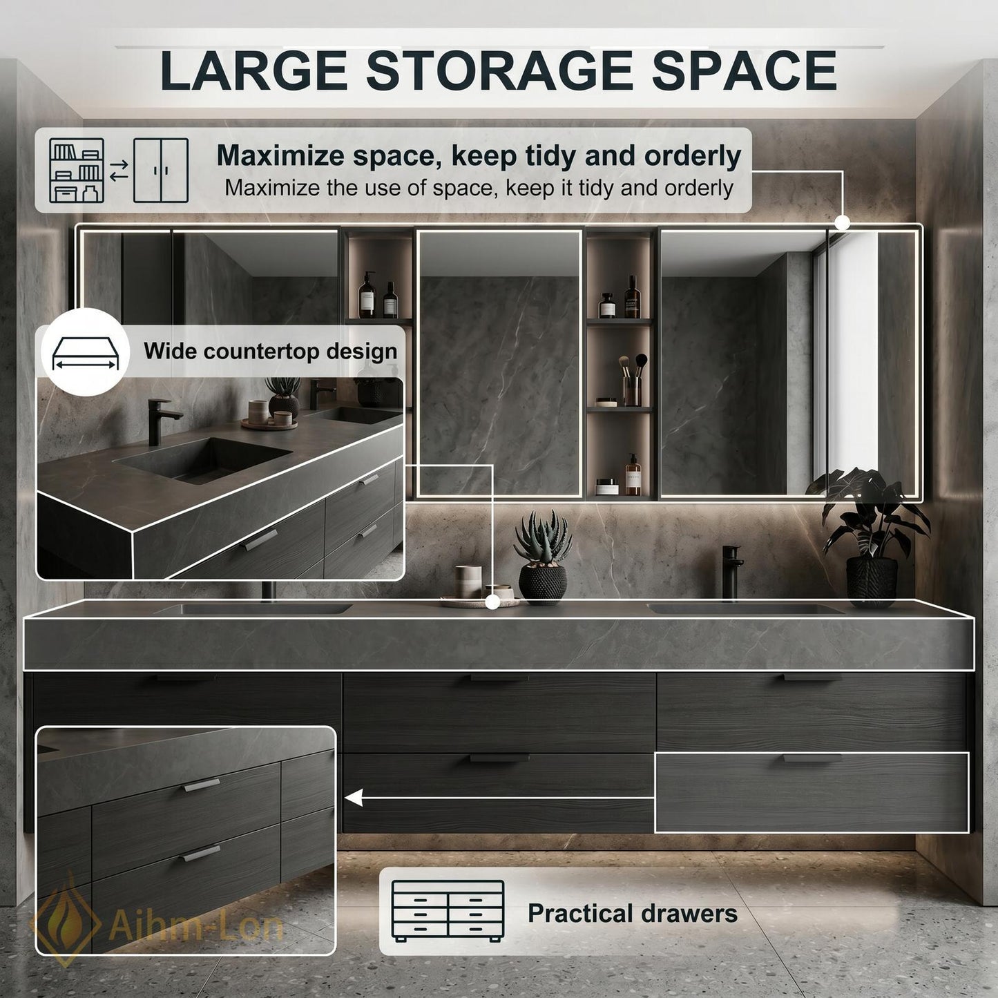 60''-96'' Modern Double Bathroom Vanity with Sink Floating Dark Stone-Grain Deep Drawer