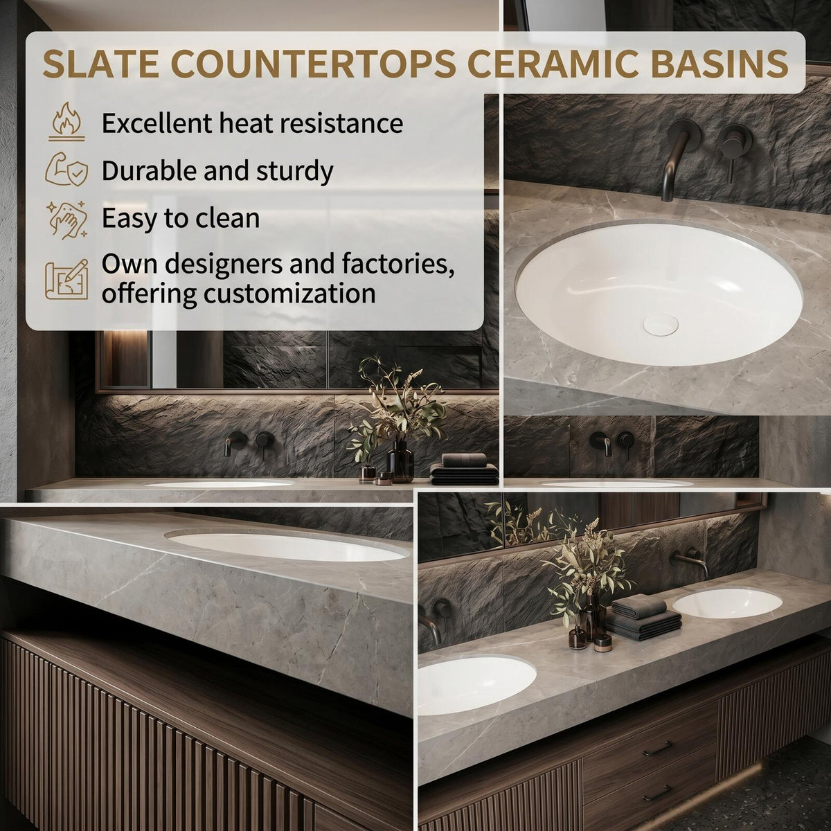 60''-96'' Double Bathroom Vanity with Sink Sleek Floating Slate-Look Slatted Panels Under-Mirror
