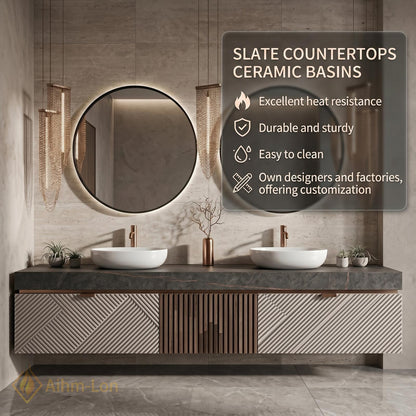 60''-96'' Double Bathroom Vanity with Sink Modern Floating Panel Slatted Open Shelving