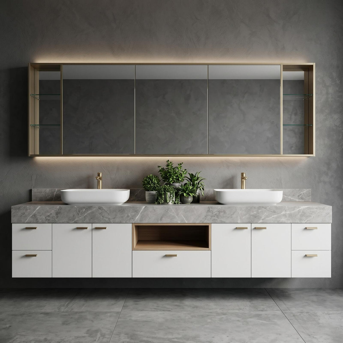 60''-96'' Double Bathroom Vanity with Sink Modern Floating Grey Marble Top White Cabinet