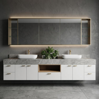 60''-96'' Double Bathroom Vanity with Sink Modern Floating Grey Marble Top White Cabinet