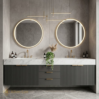 60''-96'' Double Bathroom Vanity with Sink Vertical Grooved Panel White Marble-Look Top