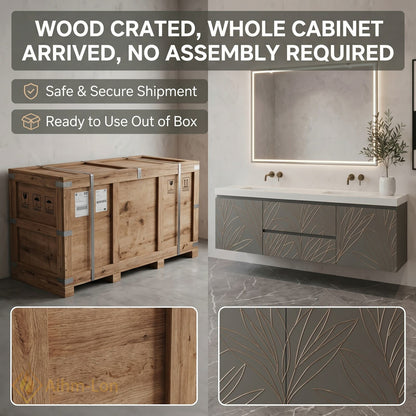 60''-96'' Double Bathroom Vanity with Sink Leaf-Textured Doors Integrated LED Mirror