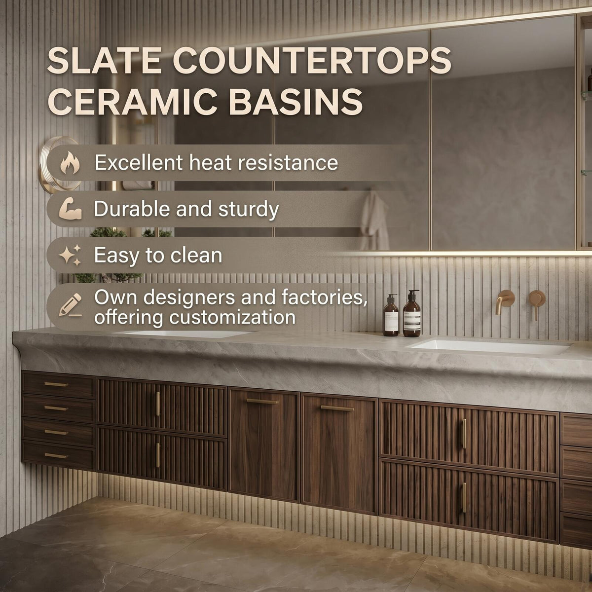 60''-96'' Double Bathroom Vanity with Sink Modern Floating Ribbed Cabinet Rich Timber Finish