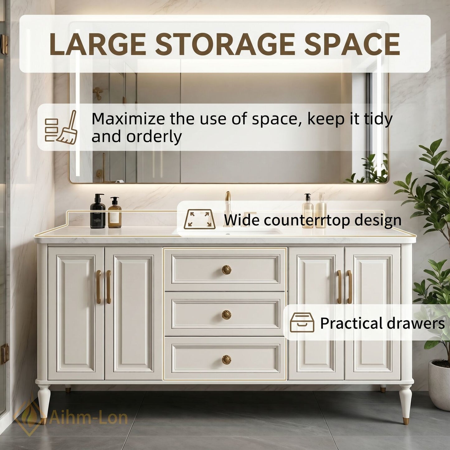 40''-64'' Modern Bathroom Vanity with Sink White Marble Gold Legs Central Drawers