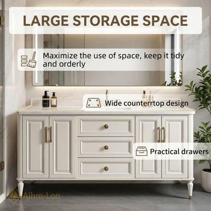 40''-64'' Modern Bathroom Vanity with Sink White Marble Gold Legs Central Drawers