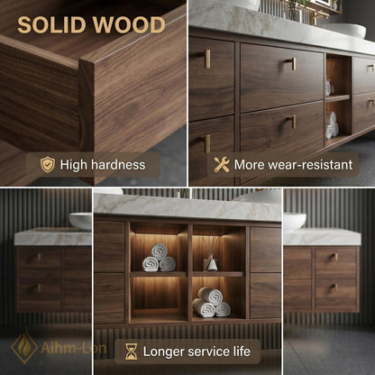 70''-96'' Bathroom Vanity with Sink Modern Floating Marble Top Warm Walnut Finish