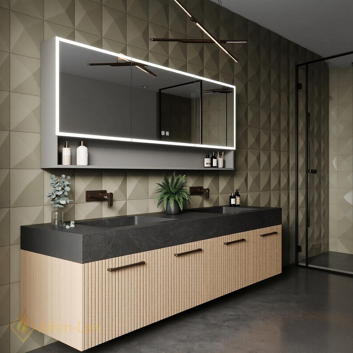 60''-96'' Double Bathroom Vanity with Sink Modern Floating Dark Stone Top Slatted