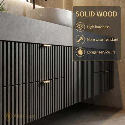 70''-96'' Double Bathroom Vanity with Sink Dark Modern Floating Slatted-Panels Stone