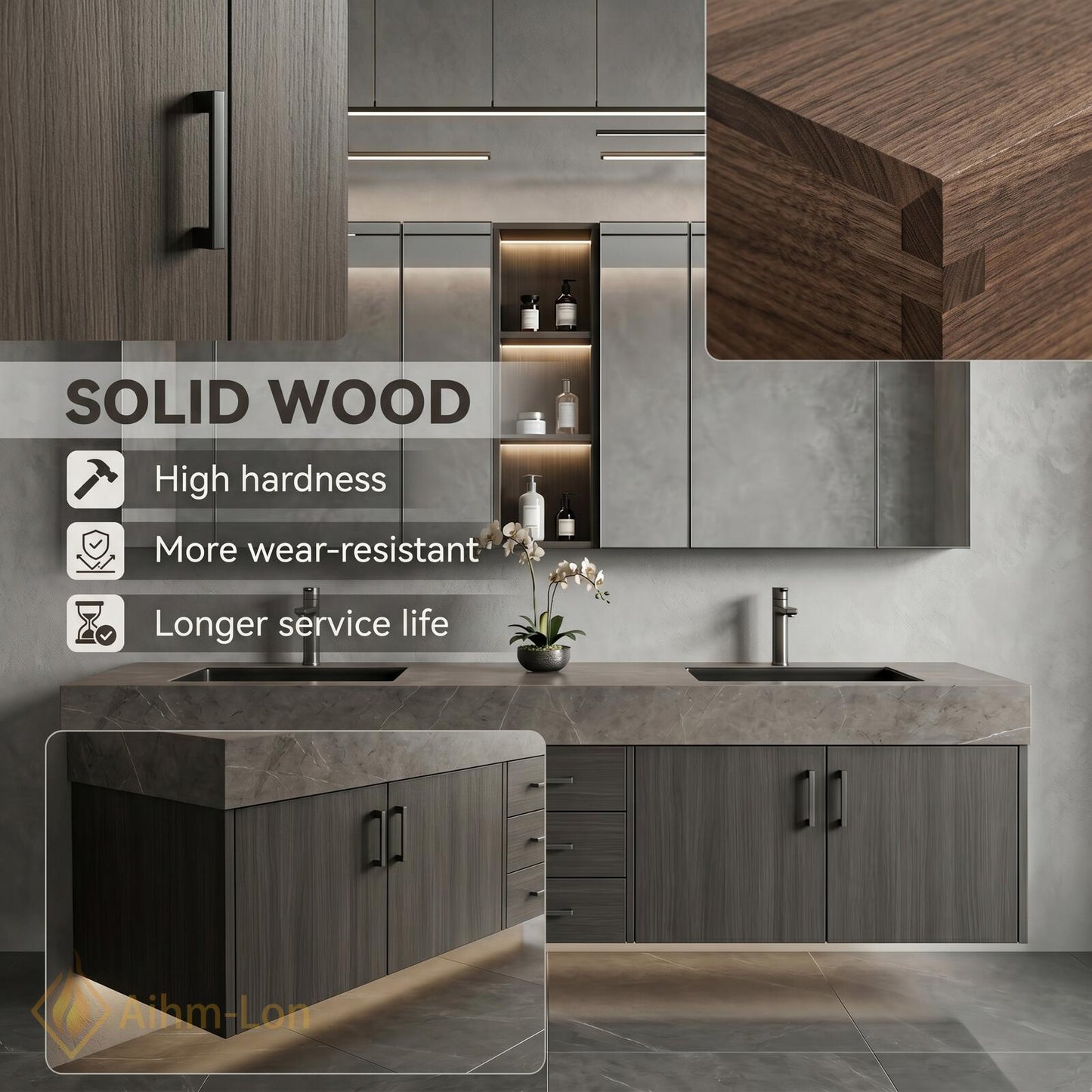 60''-96'' Double Bathroom Vanity with Sink Sleek Floating Stone-Like Surface Mirror Cabinet