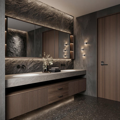 60''-96'' Double Bathroom Vanity with Sink Sleek Floating Slate-Look Slatted Panels Under-Mirror