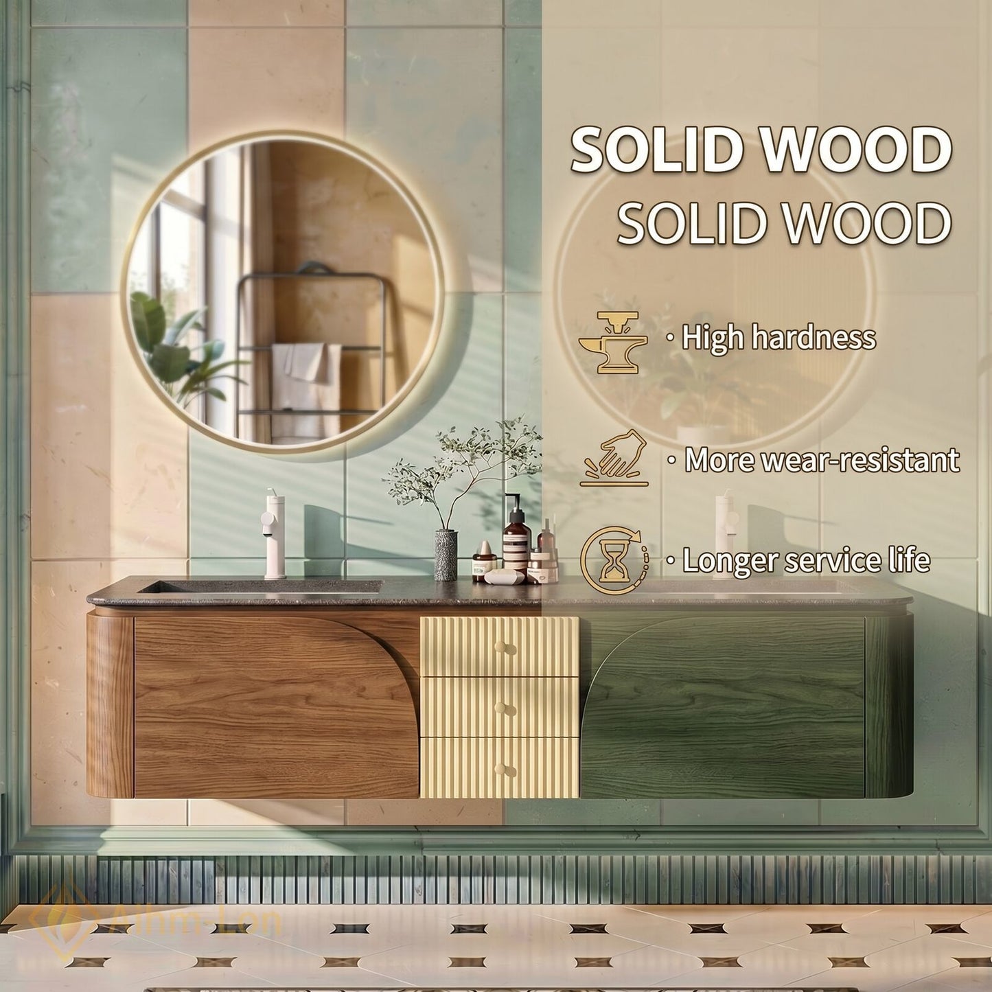 60''-96'' Double Bathroom Vanity with Sink Curved Doors Matte Metallic Cabinet Drawers
