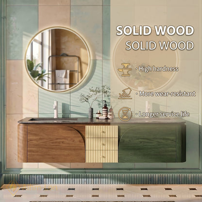 60''-96'' Double Bathroom Vanity with Sink Curved Doors Matte Metallic Cabinet Drawers