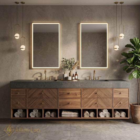 78''-96'' Double Bathroom Vanity with Sink Geometric Wood Panels Dark Stone Top