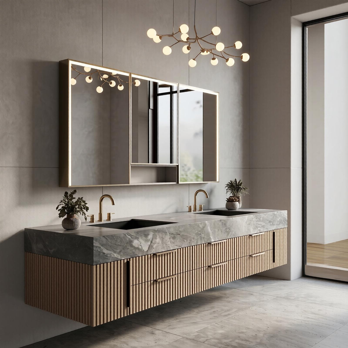 60''-96'' Double Bathroom Vanity with Sink Modern Floating Grey Marble Look Slatted Panel
