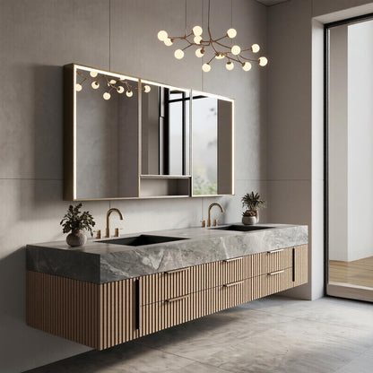 60''-96'' Double Bathroom Vanity with Sink Modern Floating Grey Marble Look Slatted Panel