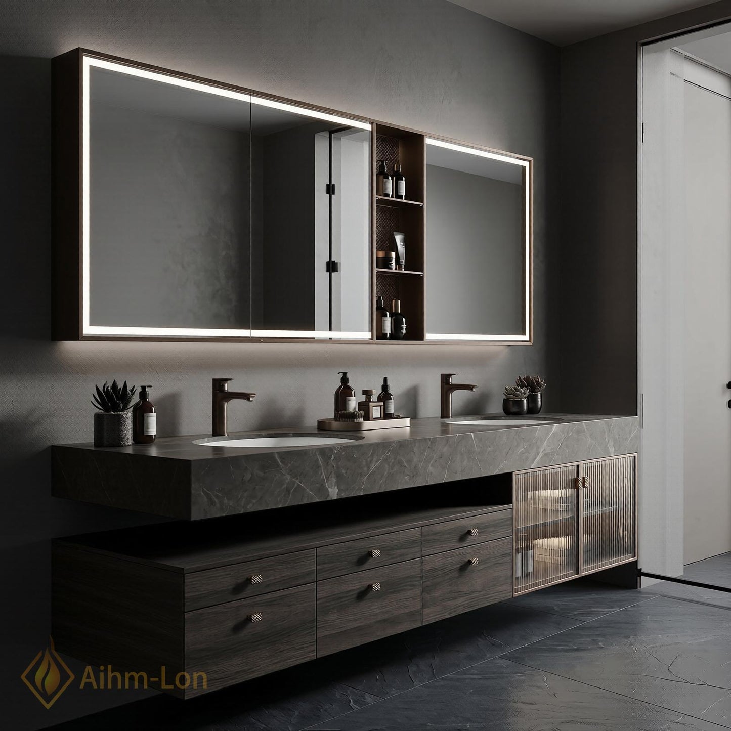 70''-96'' Double Bathroom Vanity with Sink Modern Floating Dark Grey Marble Mirror