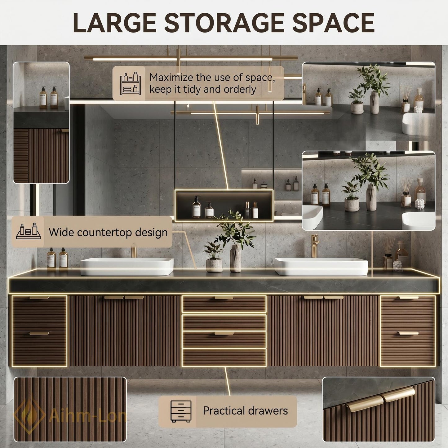 72''-96'' Double Bathroom Vanity with Sink Dark-Wood Modern Countertop Finish Vertical