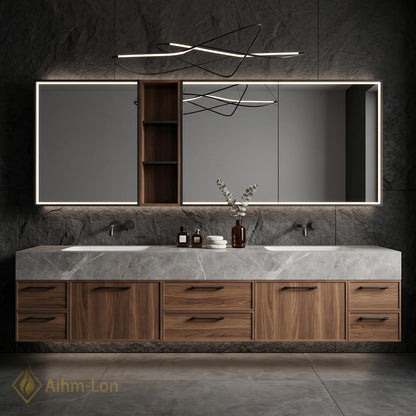 76''-96'' Double Bathroom Vanity with Sink Floating Double Grey Stone Top Wood