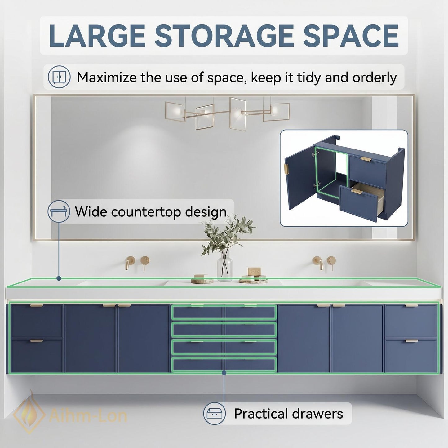 78''-96'' Double Bathroom Vanity with Sink Modern Floating Drawers Storage Matte Navy