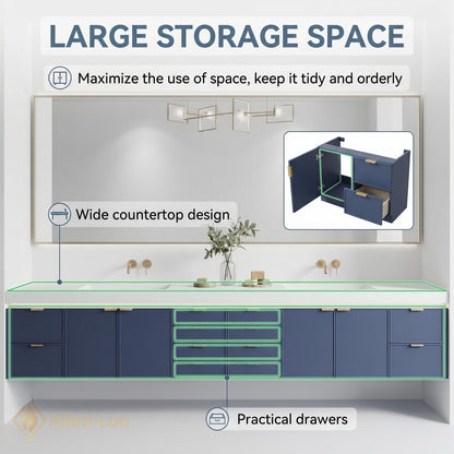 78''-96'' Double Bathroom Vanity with Sink Modern Floating Drawers Storage Matte Navy