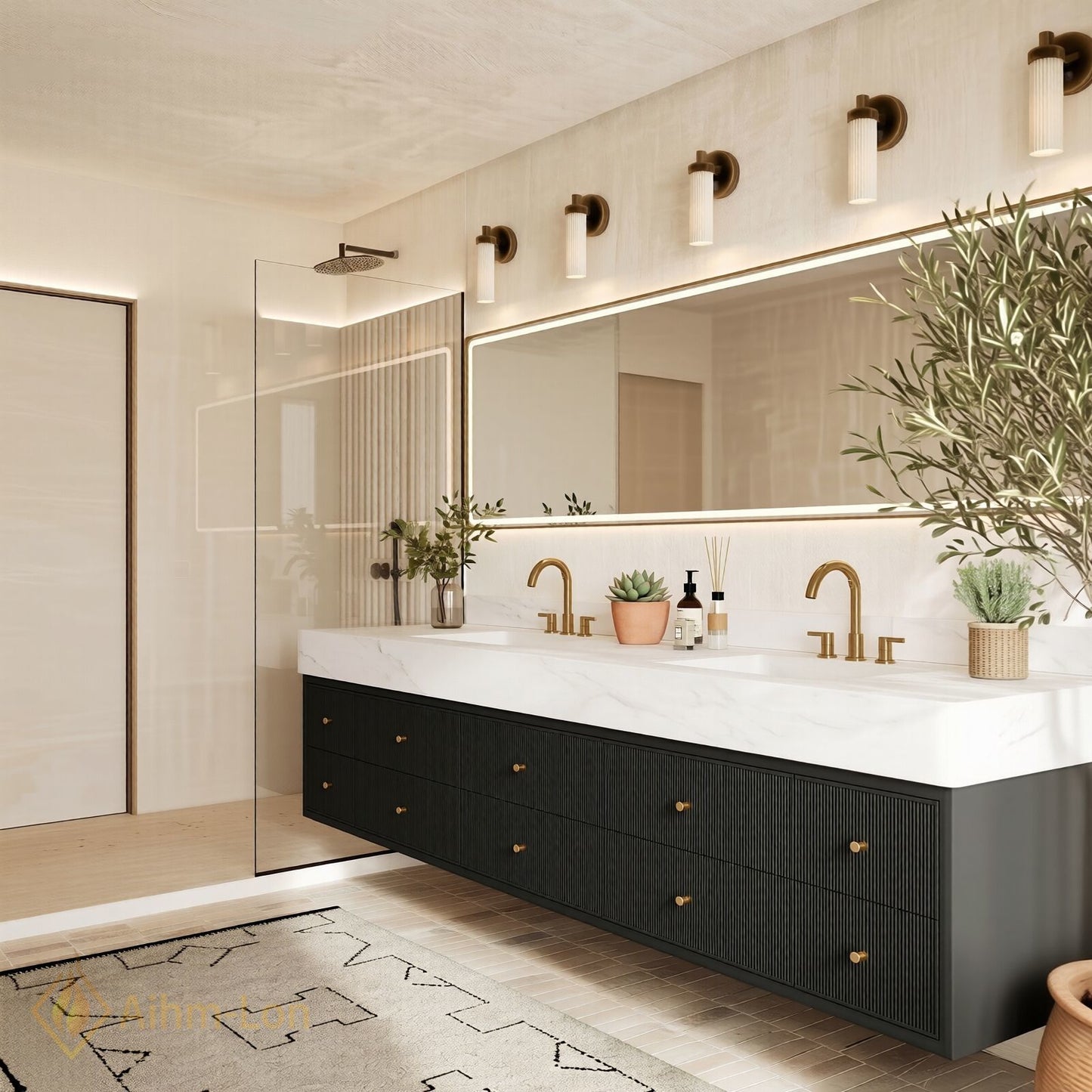 72''-96'' Bathroom Vanity with Sink Textured Drawers Panel Marble Pattern Top Floating