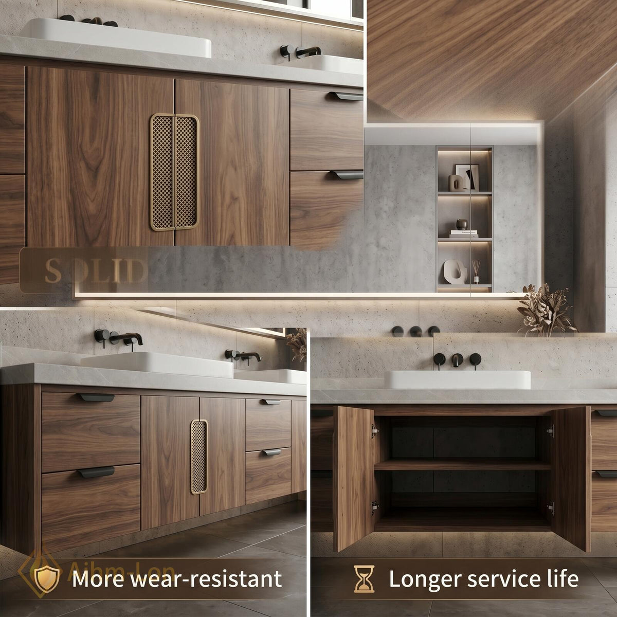 60''-96'' Double Bathroom Vanity with Sink Floating Warm Walnut Grain Mesh Details