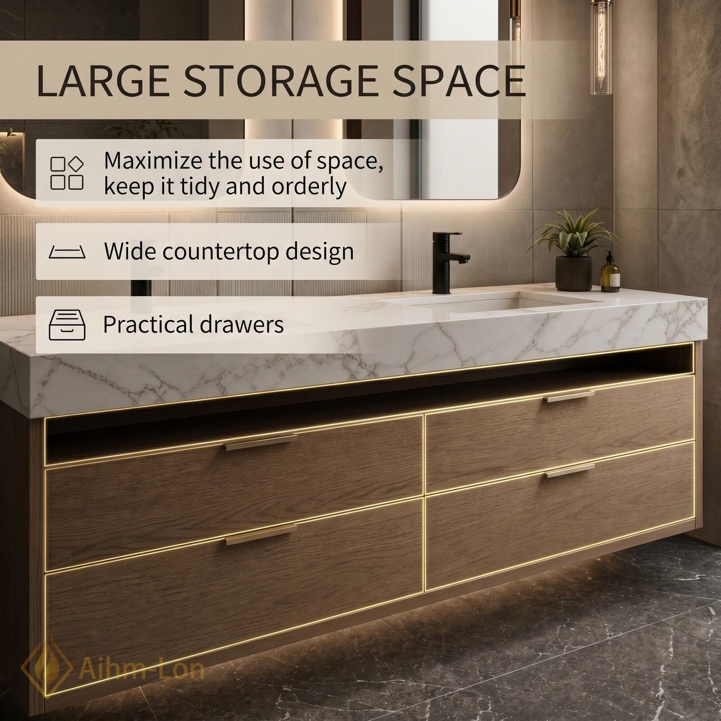 60''-96'' Double Bathroom Vanity with Sink Floating Rectangular Shape White Marble Top