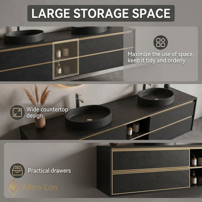 60''-96'' Floating Bathroom Vanity with Sink Wall Mounted Charcoal Finish Double Oval Mirrors Cabinet