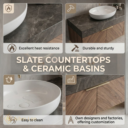60''-96'' Double Bathroom Vanity with Sink Herringbone Wood Panels Dark Stone Countertop