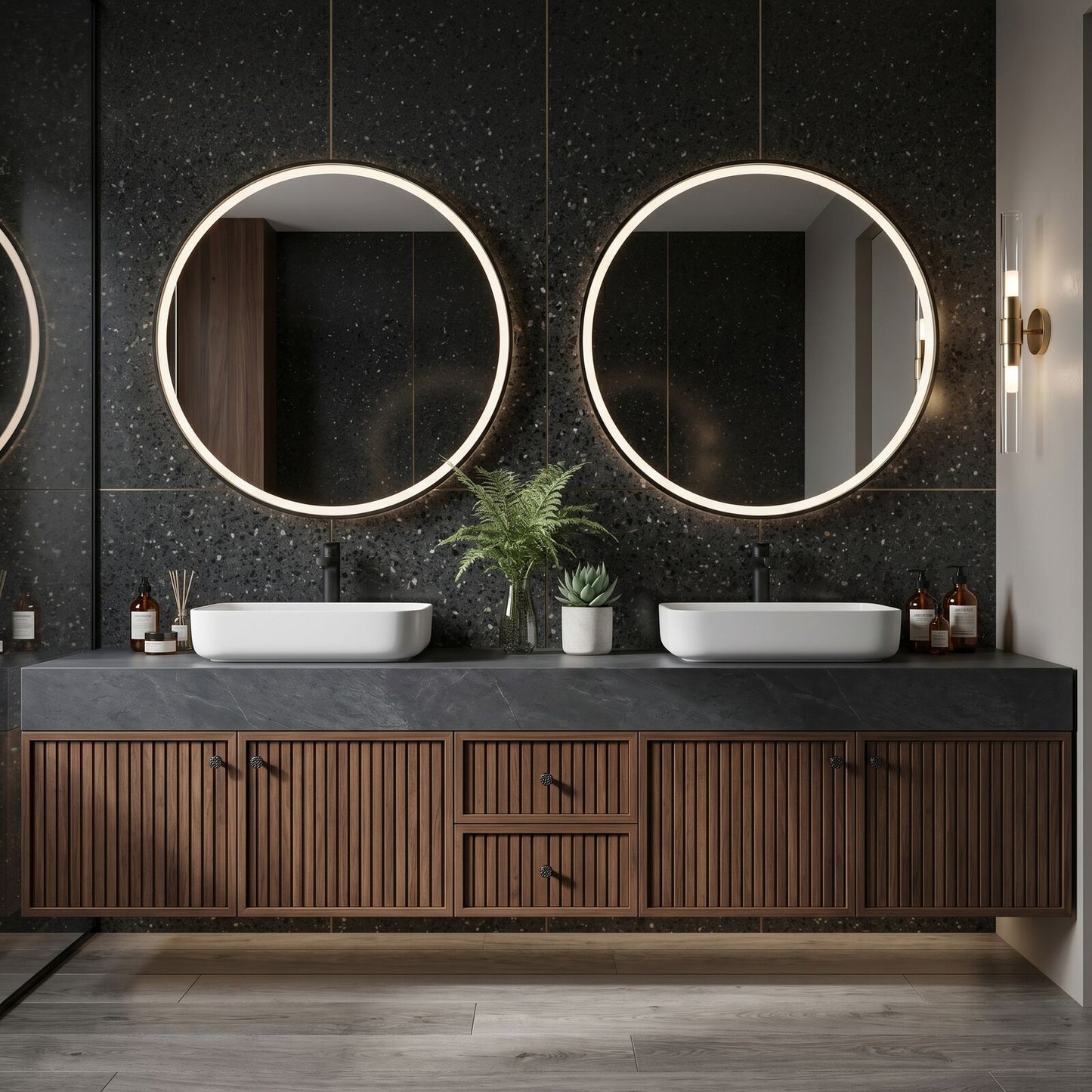60''-96'' Modern Bathroom Vanity with Sink Dark Stone Slatted Wood Drawers Cabinet