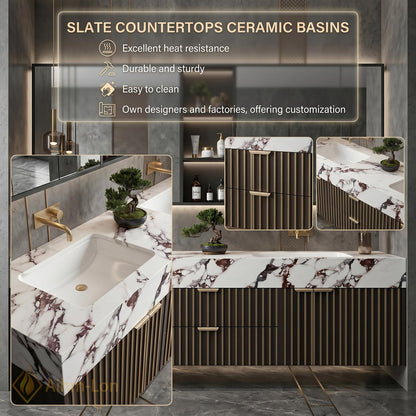 60''-96'' Double Bathroom Vanity with Sink Modern Floating Dark Walnut Slatted Center
