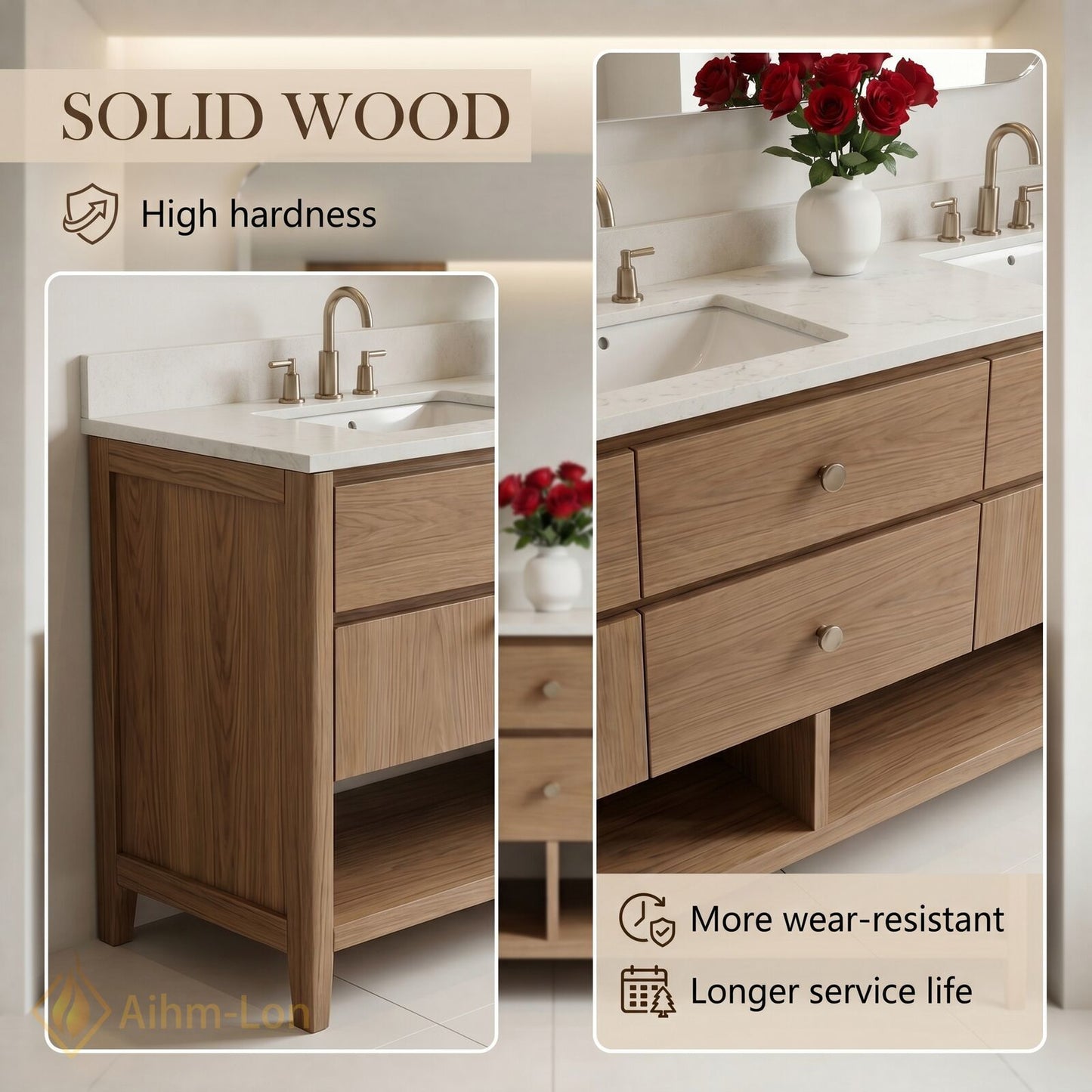 60''-96'' Modern Bathroom Vanity with Sink Woodgrain Open Shelf Base Smart Mirror