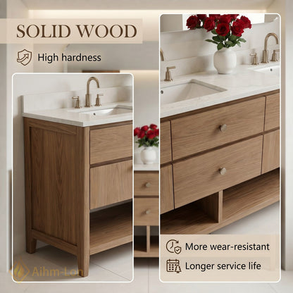60''-96'' Modern Bathroom Vanity with Sink Woodgrain Open Shelf Base Smart Mirror